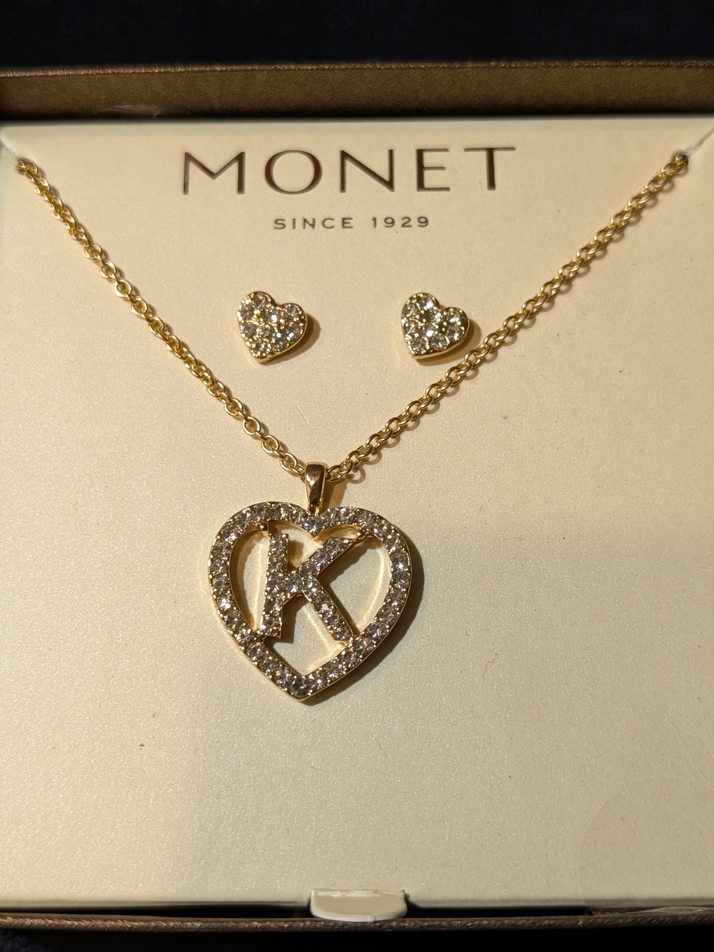 Monet Gold-Tone Heart Pendant Necklace with K Initial and Crystal Heart Studs